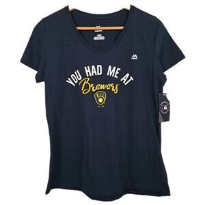 NWT Majestic Milwaukee Brewers T Shirt Womens Medium M Blue V-Neck MLB Baseball